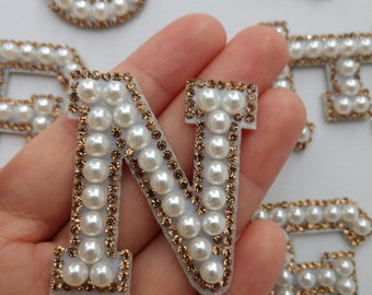 Gold Pearl and Rhinestone Letters Iron on Applique Patch,Rhinestone Diamon Alphabet Supplies for Coat,T-Shirt,Clothing Appliques Patches