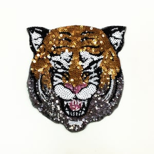 Tiger Head Sequined Applique Patch,Paillette Patch,Sequins Tiger Patch Supplies for Coat,T-Shirt,Costume Decorative Patch