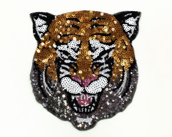 Tiger Head Sequined Applique Patch,Paillette Patch,Sequins Tiger Patch Supplies for Coat,T-Shirt,Costume Decorative Patch