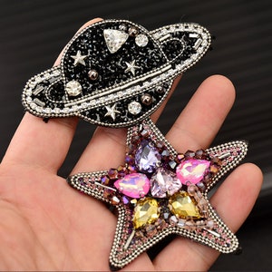 Planet or Star Embroidery Rhinestone Applique Patch,Beaded Planet Patch Supplies for Coat,T-Shirt,Costume Decorative Applique Patches