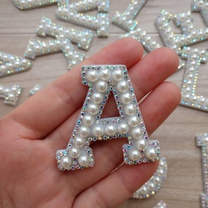 Delicate Pearl and Rhinestone Letters Iron on Applique Patch,Rhinestone Diamon Alphabet Supplies for Coat,T-Shirt,Clothing Appliques Patches