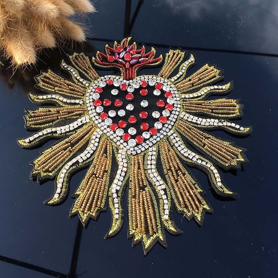 Toppa ricamata a forma di cuore con strass e paillettes, toppa con cuore  con diamanti e perline, forniture per cappotti, magliette, toppe decorative