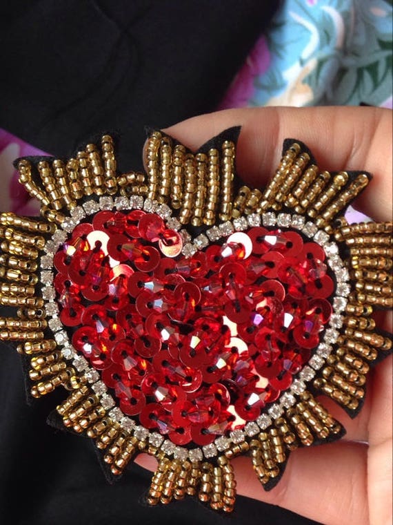 2 Sequin Heart Patches Iron on Patch Gold and Red Love Heart Applique 