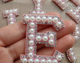 Pink Pearl and Rhinestone Letters Iron on Applique Patch,Rhinestone Diamon Alphabet Supplies for Coat,T-Shirt,Clothing Appliques Patches