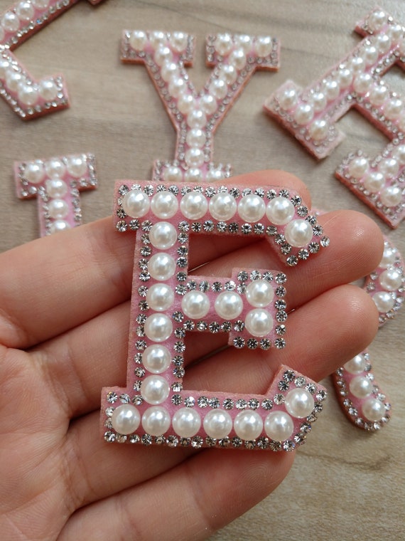 Pink Pearl and Rhinestone Letters Iron on Applique Patch,rhinestone Diamon  Alphabet Supplies for Coat,t-shirt,clothing Appliques Patches 