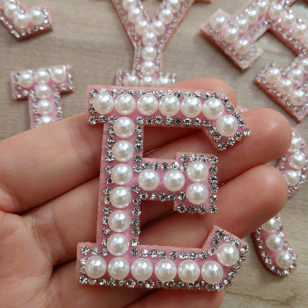 Pink Pearl and Strassstone Letters Iron on Applique Patch, Rhinestone Diamon Alphabet Supplies for Coat, T-Shirt, Clothing Appliques Patches