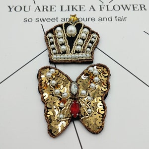 2 Pieces Butterfly Crown Embroidery Rhinestone Applique Patch,Beaded Patch Supplies for Coat,T-Shirt,Costume Decorative Appliques Patches