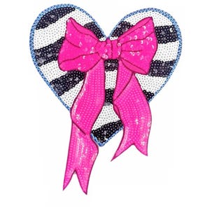 May include: A heart-shaped sequin patch with a black and white striped design. A bright pink sequin bow is centered on the heart, with long, flowing ribbons. The heart is outlined with a blue border.