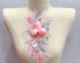 Delicado parche bordado de flores 3D coloridas, parche floral vintage para ropa o vestidos, apliques florales bordados decorativos.