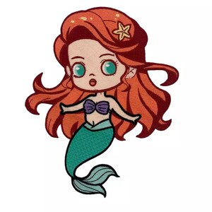 May include: A cartoon illustration of Ariel, the Little Mermaid, with red hair, a purple seashell bra, and a green fishtail.
