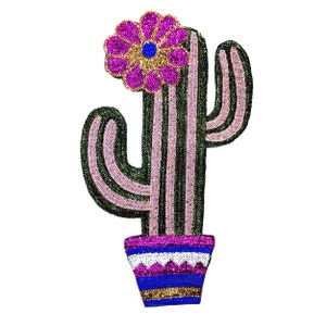 May include: A green and pink beaded cactus with a pink flower on top, sitting in a blue, pink, and gold beaded pot.