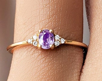 Natural Sapphire and Diamond Martini Ring . Oval Lavender Sapphire Ring . Natural Diamond and Sapphire Ring in 14k 18k Gold Platinum