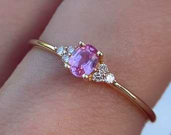 Natural Pink Sapphire and Diamond Martini Ring . Oval Pink Sapphire Ring . Diamond and Sapphire Ring . 14k Gold 18k Gold Platinum