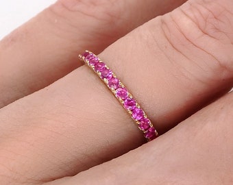 Ready to Ship . Natural Fuchsia Pink Sapphire Ring 2mm 14k Yellow Gold Pink Sapphire Band Pink Sapphire Half Eternity Wedding Anniversary