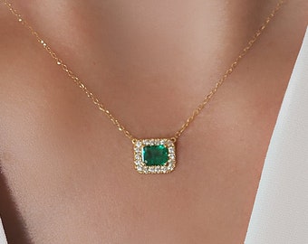 Natural Emerald Necklace with Diamond Halo . Zambian Emerald Pendant Necklace . Genuine Emerald Gemstone . White Rose Yellow Gold 18k