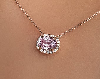 Kunzite and Diamond Halo Necklace . Oval Pink Kunzite Pendant . 14k Gold Kunzite Necklace . 18k Gold Kunzite Pendant Gift for Her