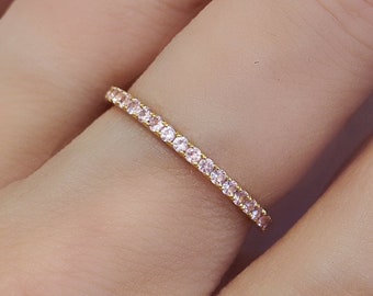 Baby Pink Sapphire Eternity Ring . Half or Full Eternity 14k 18k . Light Pink Wedding Band . Stacking Ring . Yellow White Rose Solid Gold