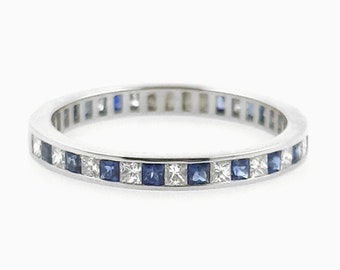 Sapphire and Diamond Princess Cut Eternity Ring 2.4mm 18k . Wedding Band . Full Half 3/4. Channel Setting. Yellow Rose White Gold . Polamai