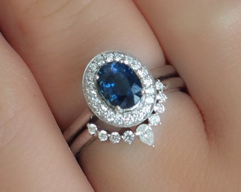 Natural Sapphire Engagement Ring and Diamond Nesting Ring Set . Blue Sapphire Oval Cut . 2 Rings . 14k 18k White Yellow Rose Gold . Platinum