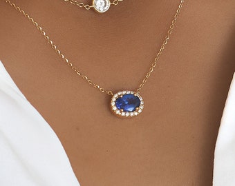 Ready to Ship . Tanzanite and Diamond Necklace . Oval Natural Tanzanite Pendant Diamond Halo . Yellow 18k . December Birthstone