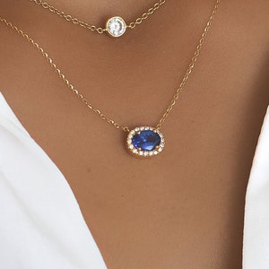 Tanzanite and Diamond Necklace . Oval Natural Tanzanite Pendant Diamond Halo . White Rose Yellow Gold 18k  . December Birthstone.  Polamai