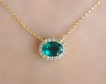 Natural Emerald Necklace . Solid 14k or 18k Gold with Genuine Diamond Halo . Oval Emerald Necklace . Real Emerald and Diamond Necklace