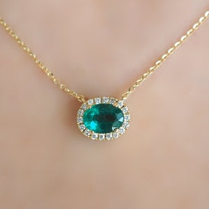 Natural Emerald Necklace . Solid 14k or 18k Gold with Genuine Diamond Halo . Oval Emerald Necklace . Real Emerald and Diamond Necklace