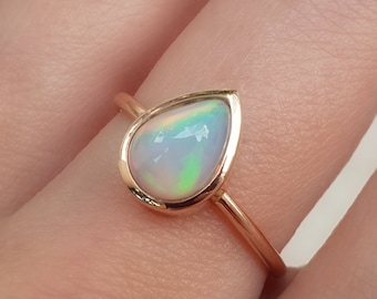 Opal Ring 14k  18k . Bezel Set Pear Shape Opal Stacking Ring . 8mm Pear Cut Engagement Ring . Yellow White Rose Gold . Polamai