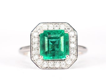 Natural Emerald Engagement Ring with Diamond Halo Border . 1.60 ctw. Emerald Cut . Earth Mined .  Yellow White Rose Gold  Platinum 950