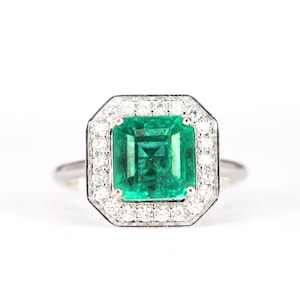 Natural Emerald Engagement Ring with Diamond Halo Border . 1.60 ctw. Emerald Cut . Earth Mined . Yellow White Rose Gold Platinum 950 image 1