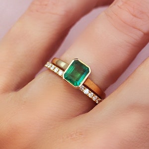 Natural Zambian Emerald Ring 14k 18k Yellow White or Rose Gold . Bezel Set Emerald Cut Ring . Baguette . Engagement Stacking Anniversary image 2