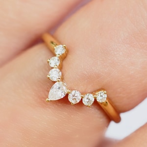 Diamond Nesting Ring . Larger Diamonds Size . Curved Wedding Band . Crown Ring. Pear and Round Diamond . Yellow Rose White 14k 18k Gold