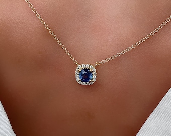 Natural Blue Sapphire and Diamond Necklace . Cushion Cut Sapphire Necklace Diamond Halo . White Rose Yellow Gold 14k 18k December Birthstone