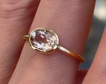 Morganite Ring . Bezel Set Oval Cut Natural Morganite Ring . Morganite Engagement Ring. Stacking Ring. 14k 18k Solid Gold Yellow Rose White