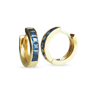 Princess Cut Natural Blue Sapphire Hoop Earrings 12mm . 14k 18k Yellow White or Rose Gold . Channel Set Hoops . Square Cut Sapphire