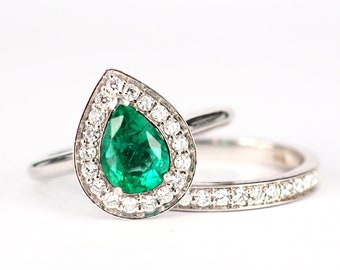 Pear Cut Emerald Engagement Ring Set with Diamond Halo . Top Grade Earth Mined Emerald . Yellow White Rose Gold  Platinum 950 . Polamai