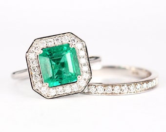 Natural Emerald Wedding Ring Set with Diamond Halo . Emerald Cut . Matching 2mm Eternity Band . Yellow White Rose Gold  Platinum 950