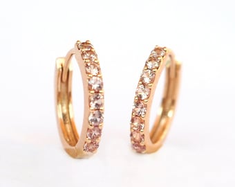 Ready to Ship . Peach Sapphire 9mm 14k Yellow Gold Hoop Earrings . Sapphire Huggie Earrings . Small Hoop Earrings . Natural Sapphire