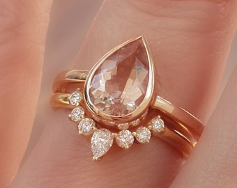 Morganite Wedding Ring Set . Pear Cut Morganite and Matching Diamond Nesting Ring . 14k 18k Yellow White Rose Gold . Polamai