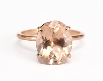 Large Oval Morganite Ring 3ctw . Skinny Band Ring . Statement Ring . Morganite Engagement Ring . Rose Gold Yellow White 14k 18k