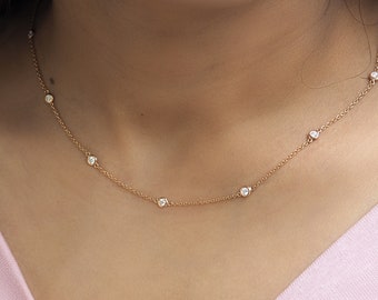 Diamond Station Necklace . All Natural Diamonds 3, 5, 7 . Bezel Set  by the Yard . 18k Solid Gold Yellow Rose White