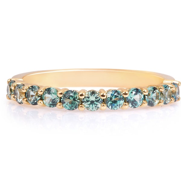 Natural Teal Blue Sapphire Shared Prong Ring 2.4mm . 14k 18k Gold . Teal Sapphire Wedding Band . Green Blue Sapphire Eternity Ring