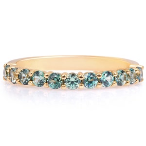 Natural Teal Blue Sapphire Shared Prong Ring 2.4mm . 14k 18k Gold . Teal Sapphire Wedding Band . Green Blue Sapphire Eternity Ring