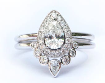 White Gold Diamond Engagement Ring Set . Pear Cut Diamond Halo w Matching Nesting Ring . Yellow Rose White Gold 14k 18k . Wedding . Polamai