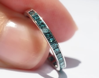 Blue Diamond Princess Cut Eternity Ring . Princess Cut Diamond Wedding Band . Channel Invisible Setting . 14k 18k Yellow Rose White Gold