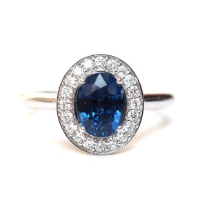 Anel de noivado oval com safira e halo de diamante. Anel de safira azul natural. Certificado. Ouro amarelo rosa branco 14k e 18k. Platina 950.