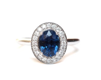 Oval Sapphire Engagement Ring with Diamond Halo . Natural Blue Sapphire Ring . Certified . 14k 18k White Rose Yellow Gold . Platinum 950