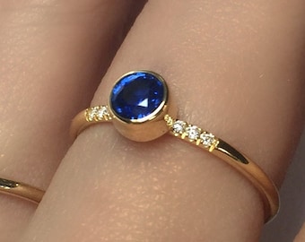 Sapphire Ring with Diamonds. Round Sapphire Engagement Ring . Stacking Ring . Bezel Setting Ring Yellow Rose White Gold 14k 18k . Polamai
