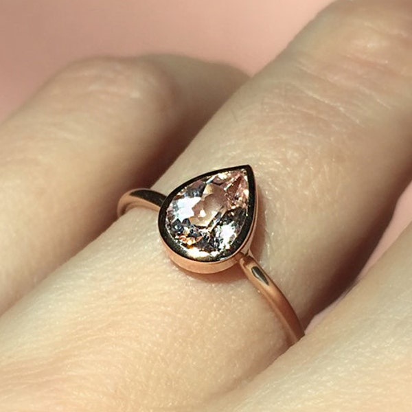 Morganite Pear Ring 14k Solid Gold . Bezel Set Stacking Ring . 7mm Pear Cut Engagement Ring . Yellow White Rose Gold . Polamai