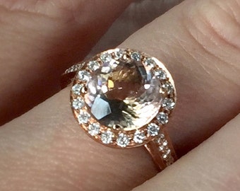 Morganite Engagement Ring 14k 18k Gold . Diamond Halo Setting Round Cut . Peach Pink Center Stone . Yellow White Rose Gold . Polamai